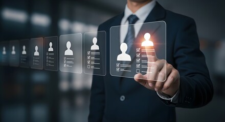 A businessman interacts with a digital interface displaying profiles, emphasizing modern technology's role in professional networking.