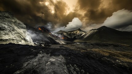Fototapeta premium Awe-Inspiring Volcanic Landscape Under Dramatic Skies. A Stunning View of Fiery Mountains and Dark Volcanic Rocks. Nature's Raw Power. Majestic Volcanic Terrain. Epic Volcanic Scenery.