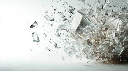 A large amount of broken glass pieces scattered across a white background, symbolizing destruction, fragmentation, and chaos. Shattered rock fragments burst out, representing modern disintegration.

