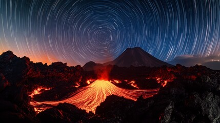 Fototapeta premium Volcano Erupts Under a Starry Night Sky: A Breathtaking View