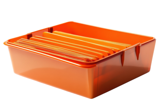 Colorful orange organizer holds neatly arranged cards in a bright workspace setting isolated on transparent background