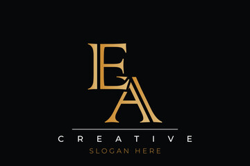 Sophisticated gold EA monogram logo on a sleek black background, ideal for branding, creative design, and luxurious themes.