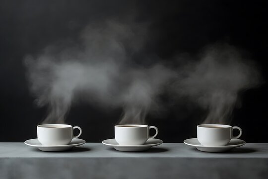 Three steaming cups of coffee or tea on a grey surface