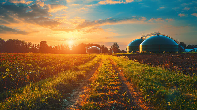 A modern biogas digester system processing organic waste into renewable energy, with pipes and storage tanks under a bright blue sky. 