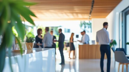 Blurred Corporate Event Reception - Reception area of a corporate event with attendees blurred in the background.