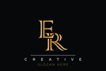 Sophisticated gold ER monogram logo on a sleek black background, ideal for branding, creative design, and luxurious themes.