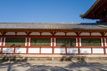 Naklejka premium The wall of Todai-ji in Nara in Asia, Japan, Kansai, Nara, in summer, on a sunny day.