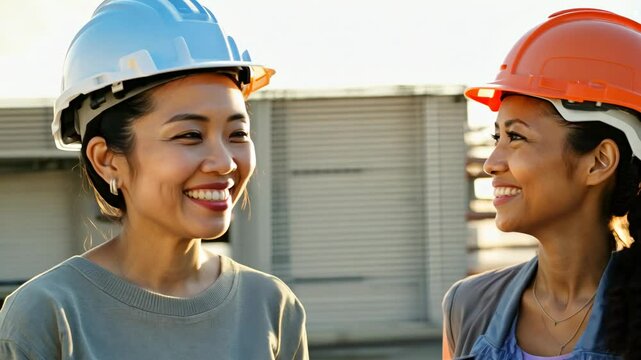 Portrait of two different male engineers: African American and Asian female supervisors at a construction site. Female engineers inspect the site.