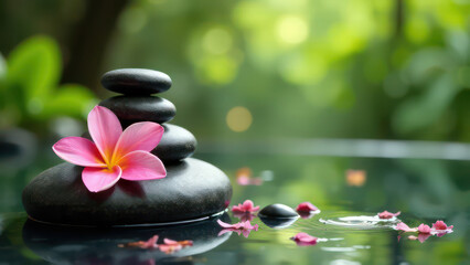 spa background stones and candles , water, flowers and steam, natural light, tranquil atmosphere for relaxation and meditation, spa retreats, wellness centers