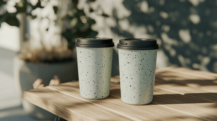 Coffee Cup Mockup &ndash; Minimalist Outdoor Caf&eacute; Scene with Natural Shadows