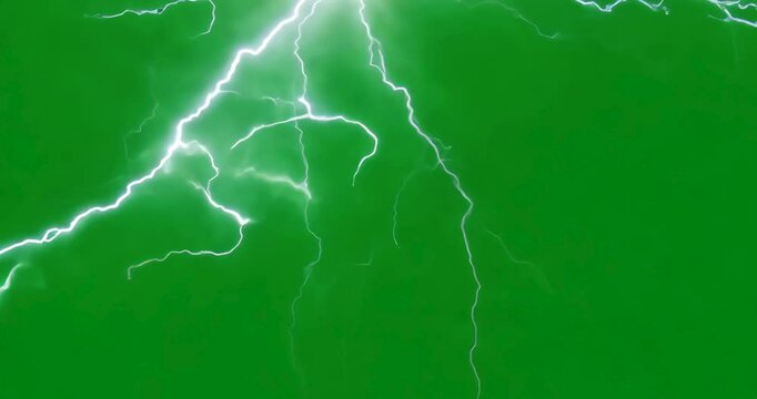 Realistic lightning bolt animation on chroma key green screen background,