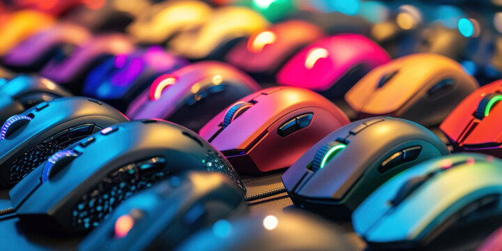 Close-up view of various gaming mice lined up, highlighting their vibrant colors and unique styles for gaming enthusiasts