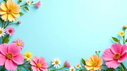 summer floral frame with colorful flowers on blue pastel background, creating a vibrant border, empty, template copyspace for text, advertising, promotions, floral shops, events, greeting cards