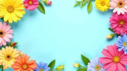 Obraz premium summer floral frame with colorful flowers on blue pastel background, creating a vibrant border, empty, template copyspace for text, advertising, promotions, floral shops, events, greeting cards