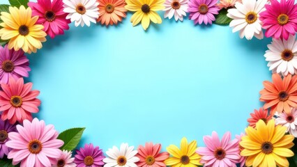 summer floral frame with colorful flowers on blue pastel background, creating a vibrant border, empty, template copyspace for text, advertising, promotions, floral shops, events, greeting cards