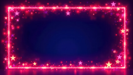 stars decorated neon glowing empty frame for text, festive shining particles, Vibrant neon border illuminated , holiday promotions, birthday announcements, and sales events with space