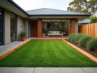 A contemporary australian home or residential buildings front yard features artificial grass lawn turf with timber edging