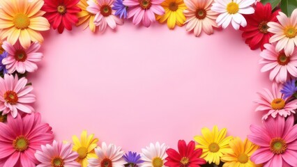 Obraz premium spring floral frame with colorful flowers on pink pastel background, creating a vibrant border, empty, template copyspace for text, advertising, promotions, floral shops, events, greeting cards
