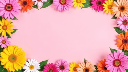 Obraz premium spring floral frame with colorful flowers on pink pastel background, creating a vibrant border, empty, template copyspace for text, advertising, promotions, floral shops, events, greeting cards