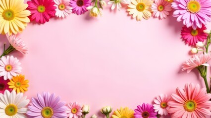 Obraz premium spring floral frame with colorful flowers on pink pastel background, creating a vibrant border, empty, template copyspace for text, advertising, promotions, floral shops, events, greeting cards