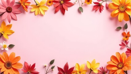 autumn floral frame with colorful flowers on pink pastel background, creating a vibrant border, empty, template copyspace for text, advertising, promotions, floral shops, events, greeting cards 