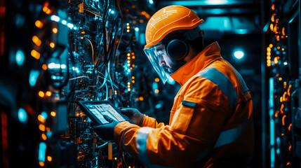 Obraz premium Industrial Technician: Inspecting Network System with Digital Tablet in high-tech server room