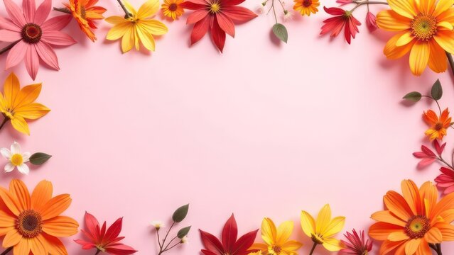 autumn floral frame with colorful flowers on pink pastel background, creating a vibrant border, empty, template copyspace for text, advertising, promotions, floral shops, events, greeting cards 