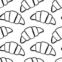 Fresh croissants, linear drawing of fresh buns on white background, seamless pattern for menu, fabric, coffee shop design.