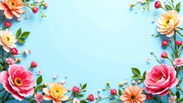 winter floral frame with colorful flowers on blue pastel background, creating a vibrant border, empty, template copyspace for text, advertising, promotions, floral shops, events, greeting cards