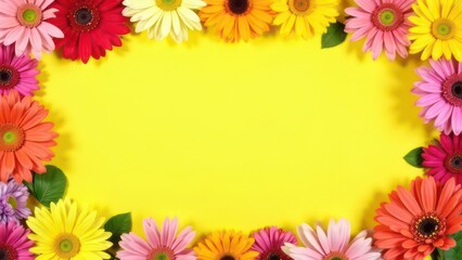 Obraz premium Summer floral frame with colorful flowers on yellow pastel background, creating a vibrant border, empty, template copyspace for text, advertising, promotions, floral shops, events, greeting cards