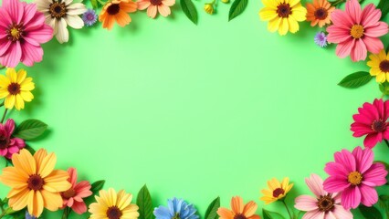 Summer floral frame with colorful flowers on green pastel background, creating a vibrant border, empty, template copyspace for text, advertising, promotions, floral shops, events, greeting cards