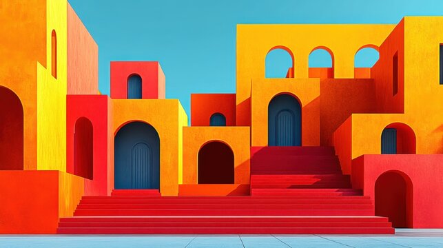 Colorful Geometric Architecture with Vibrant Orange and Red Structures