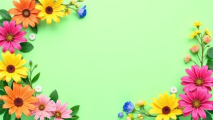 Obraz premium Summer floral frame with colorful flowers on green pastel background, creating a vibrant border, empty, template copyspace for text, advertising, promotions, floral shops, events, greeting cards