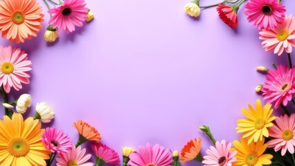 Summer floral frame with colorful flowers on lilac pastel background, creating a vibrant border, empty, template copyspace for text, advertising, promotions, floral shops, events, greeting cards