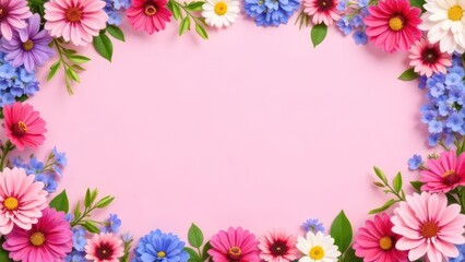 Summer floral frame with colorful wisteria, dahlia, hydrangea, ranunculus, eustoma on pink pastel background, creating a vibrant border, empty, template copyspace for text