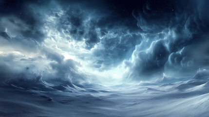 Dramatic storm clouds with swirling snow and wind. Frozen Thunderstorms. Illustration
