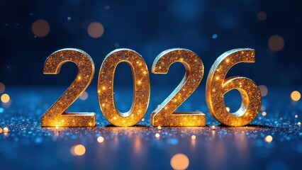 Greeting card number text 2026 on blue dark festive christmas and new year background, festive atmosphere