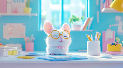 Happy Hamster Helper: Adorable rodent at its desk ready to study, cheerful office mascot for education materials and classroom decor