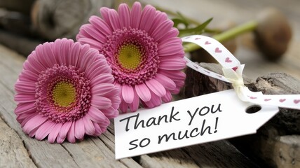 Thank you note with pink gerbera daisies on wood