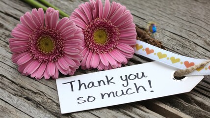 Pink gerbera daisies with thank you note on rustic wood
