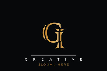 Sophisticated gold GI monogram logo on a sleek black background, ideal for branding, creative design, and luxurious themes.