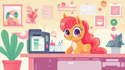 Creative Workspace: stylized pony figure with plant, desk, and wall decor
