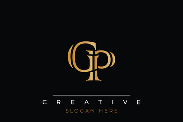 Sophisticated gold GP monogram logo on a sleek black background, ideal for branding, creative design, and luxurious themes.