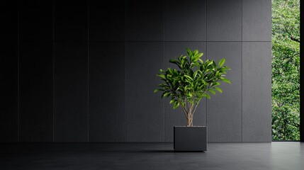Fototapeta premium Modern plant in dark room with outdoor view. Possible use Interior design, architectural visualization
