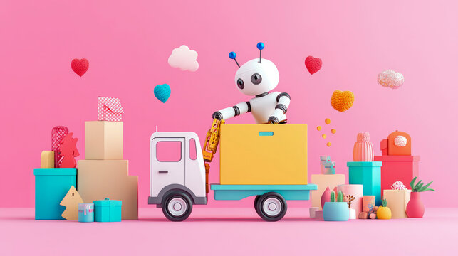 Robot's Moving Service: whimsical relocation concept with pastel decor, for greeting card and joyful relocation announcements