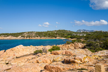 The Mediterranean Sea and its coast at San Teodoro in Europe, Italy, Sardinia, San Teodoro, in summer, on a sunny day.