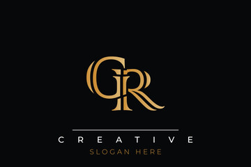 Sophisticated gold GR monogram logo on a sleek black background, ideal for branding, creative design, and luxurious themes.