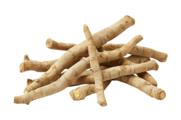 Dried ashwagandha roots arranged artistically on a white backdrop highlighting their natural texture isolated on transparent background