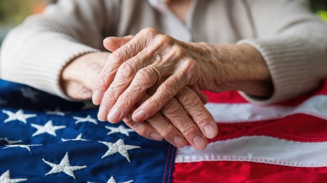 Elderly hands resting atop a folded american flag respectfully