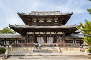 The central gate Horyu-ji Chumon in Nara in Asia, Japan, Kansai, Nara, in summer, on a sunny day.